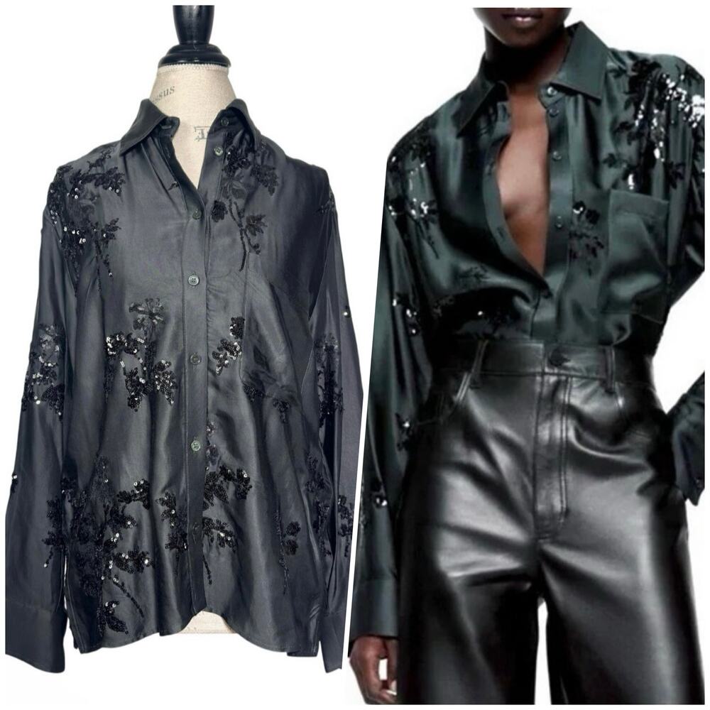 Zara | Women | Emerald Green Satin Floral Sequin LS Button Up Blouse | Small - Picture 1 of 16